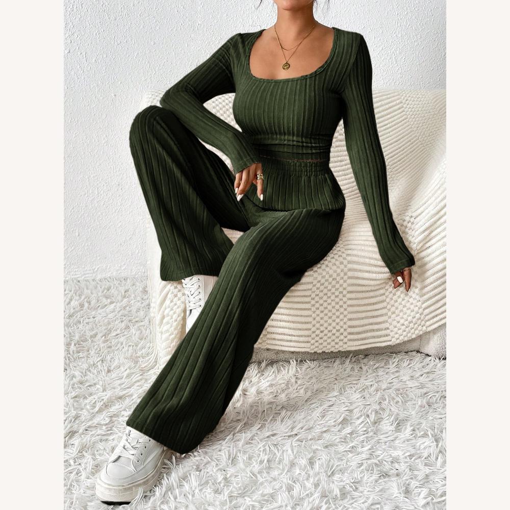 Ensemble Lounge Côtelé 2 Pièces Femme – Top Court Manches Longues et Pantalon Large Taille Haute Beige