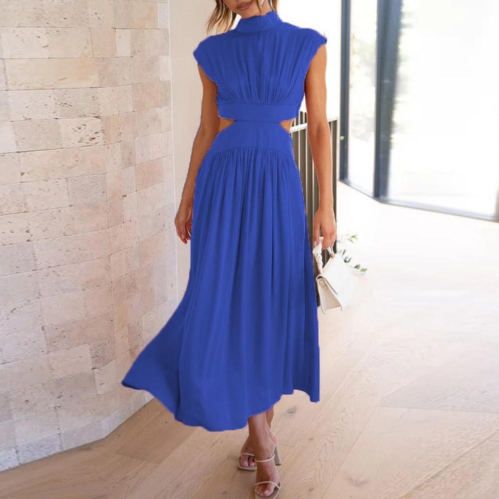 Robe Longue Femme Élégante à Manches Courtes en Polyester avec Fermeture Éclair Invisible - Style Décontracté au Mollet