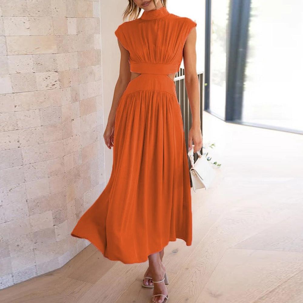 Robe Longue Femme Élégante à Manches Courtes en Polyester avec Fermeture Éclair Invisible - Style Décontracté au Mollet