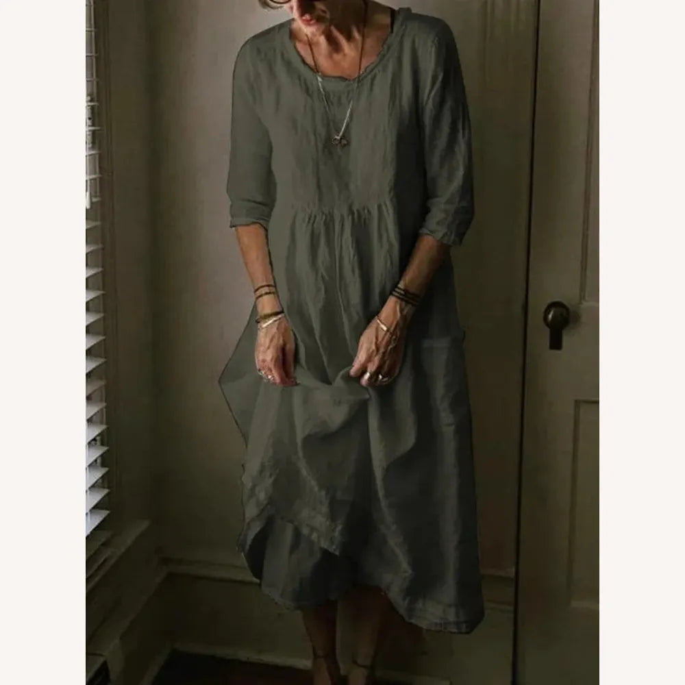 Long Women's Dress with Crew Neck in Blended Linen, Elegant and Comfortable, 3/4 Sleeves – Ideal for Spring and Summer