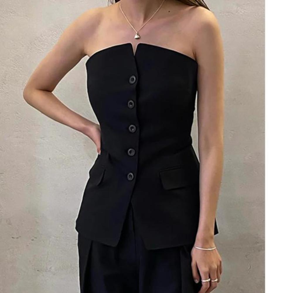 Ensemble Tailleur Femme Chic avec Blazer Sans Bretelles et Pantalon Large Assorti – Élégant et Moderne