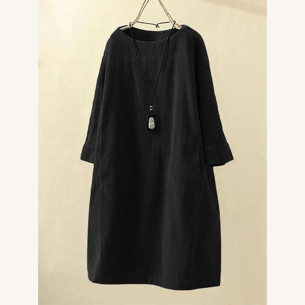 Variant image for Robe Femme A-Line en Velours Côtelé – Chic et Confortable, Encolure en O, Longueur au-dessus du Genou, Disponible en Plusieurs Couleurs-49