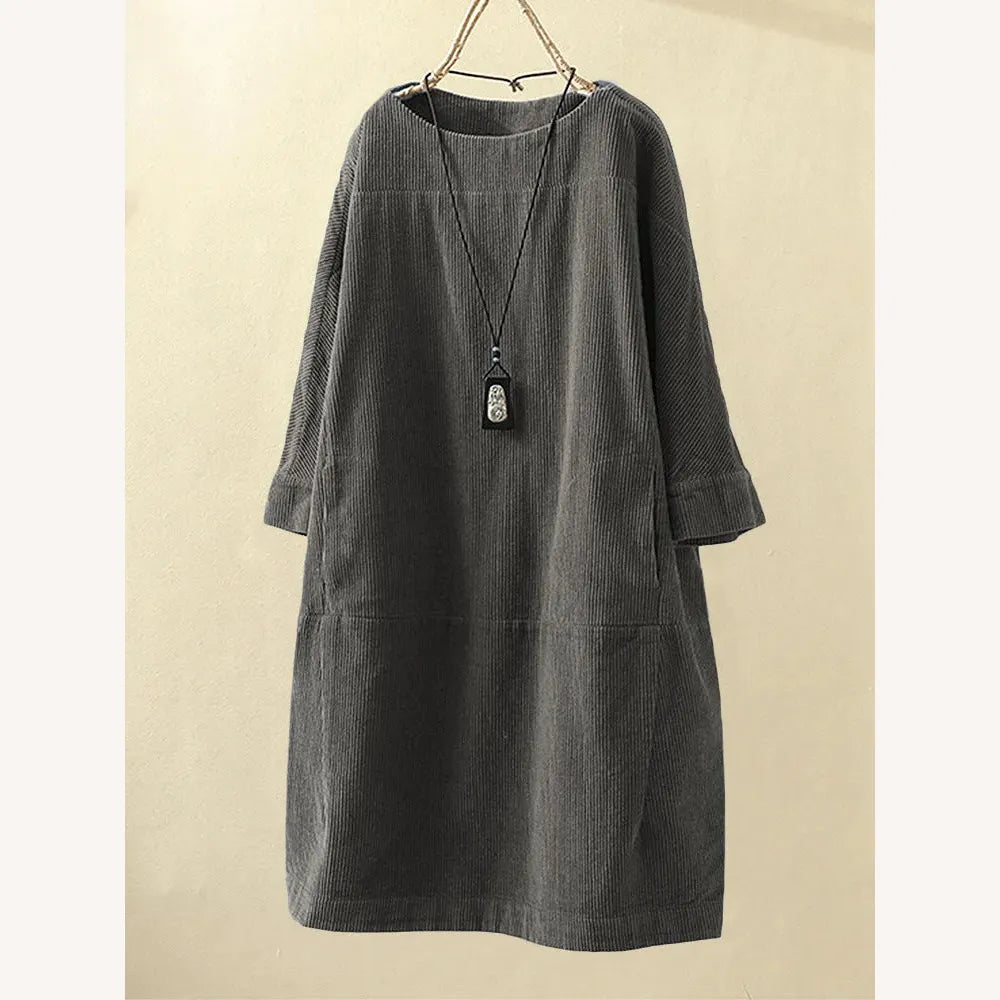 Robe Femme A-Line en Velours Côtelé – Chic et Confortable, Encolure en O, Longueur au-dessus du Genou, Disponible en Plusieurs Couleurs