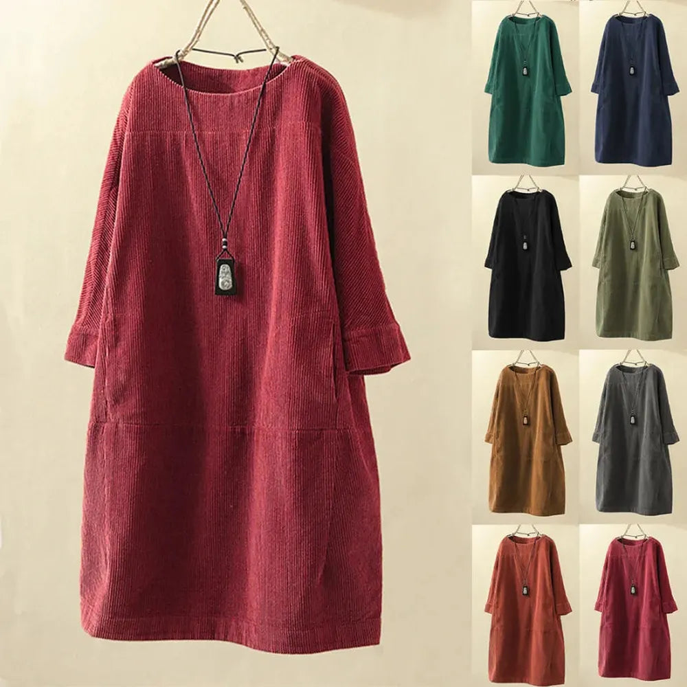 Robe Femme A-Line en Velours Côtelé – Chic et Confortable, Encolure en O, Longueur au-dessus du Genou, Disponible en Plusieurs Couleurs