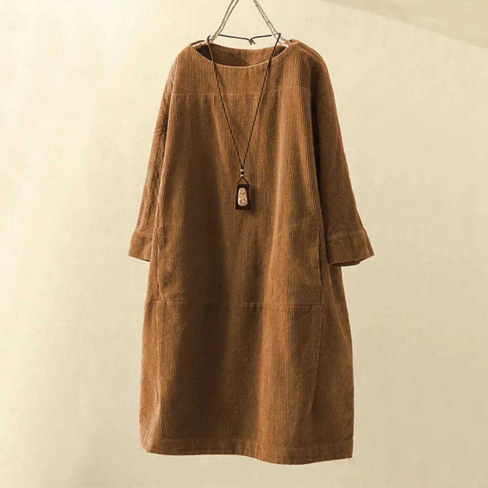 Robe Femme A-Line en Velours Côtelé – Chic et Confortable, Encolure en O, Longueur au-dessus du Genou, Disponible en Plusieurs Couleurs