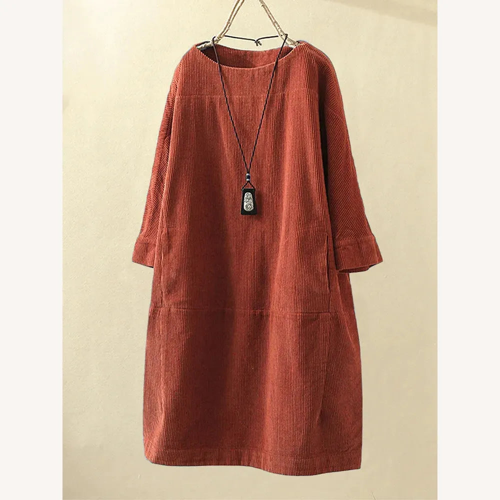 Robe Femme A-Line en Velours Côtelé – Chic et Confortable, Encolure en O, Longueur au-dessus du Genou, Disponible en Plusieurs Couleurs