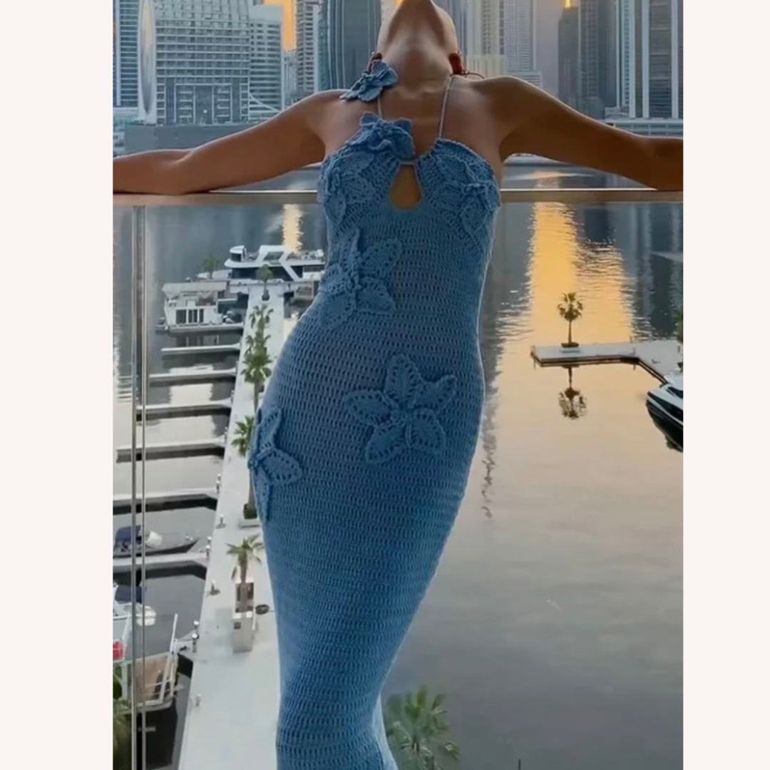 Robe Longue Femme en Crochet Bleu – Élégante Robe Maxi Bohème d'Été avec Détails Flottants