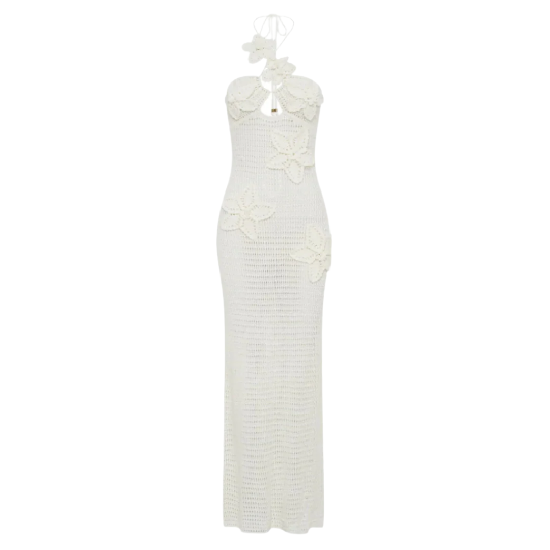 Robe Longue Femme en Crochet Bleu – Élégante Robe Maxi Bohème d'Été avec Détails Flottants
