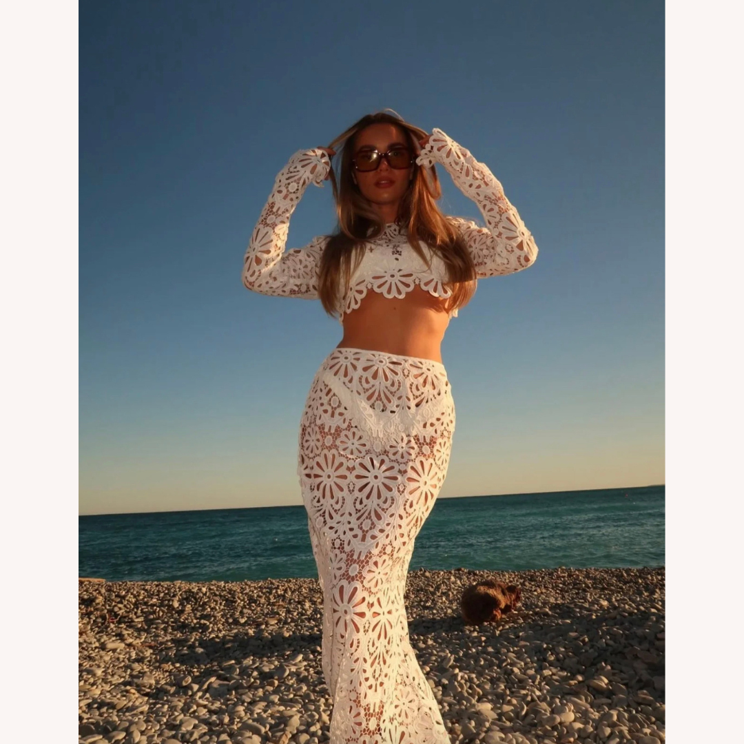 Ensemble en Dentelle Crochet Blanc Femme – Top Court à Manches Longues et Jupe Maxi Boho Chic