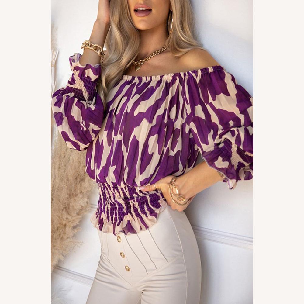 Blouse Femme Épaules Dénudées Imprimé Animalier avec Taille Smockée – Style Bohème Chic