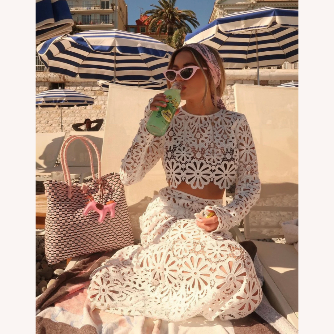 Ensemble en Dentelle Crochet Blanc Femme – Top Court à Manches Longues et Jupe Maxi Boho Chic