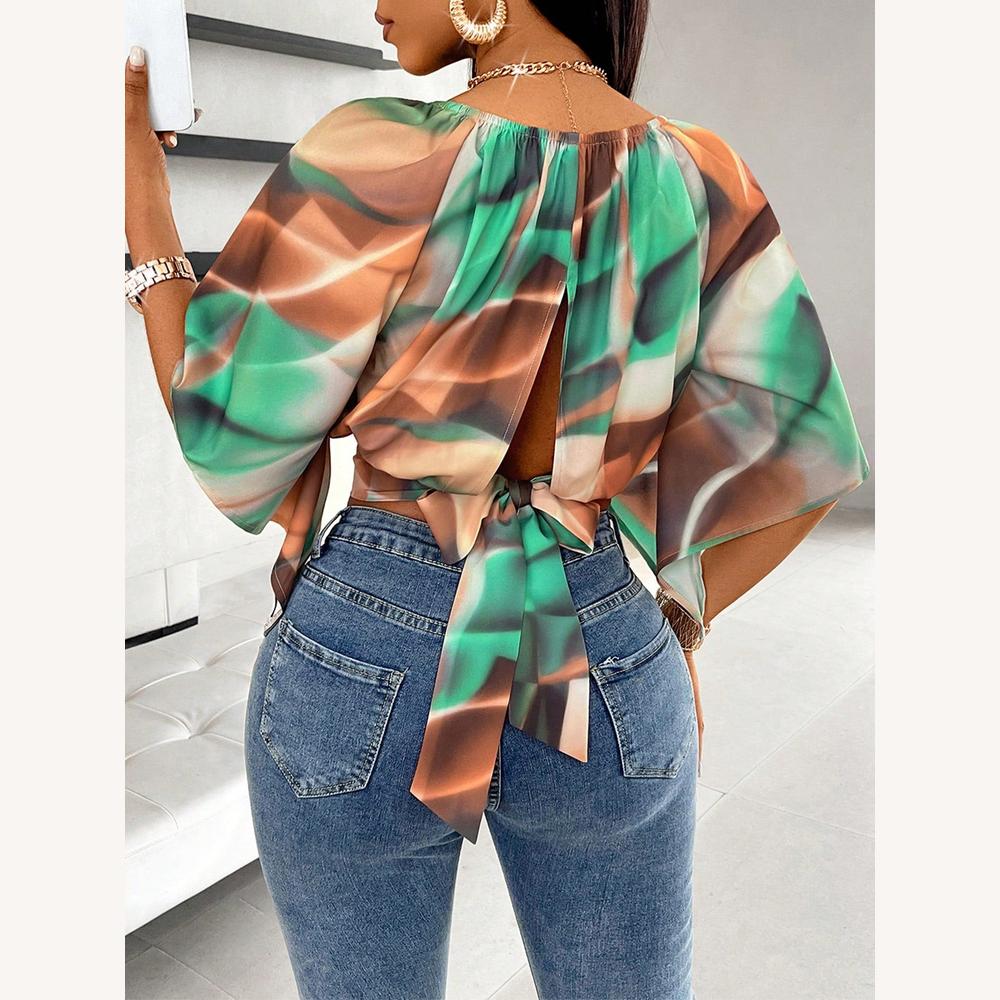 Top Femme Court à Imprimé Abstrait Vert – Manches Amples en Tissu Fluide et Confortable