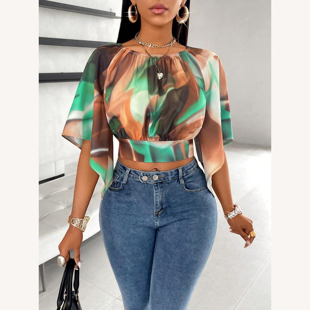 Top Femme Court à Imprimé Abstrait Vert – Manches Amples en Tissu Fluide et Confortable