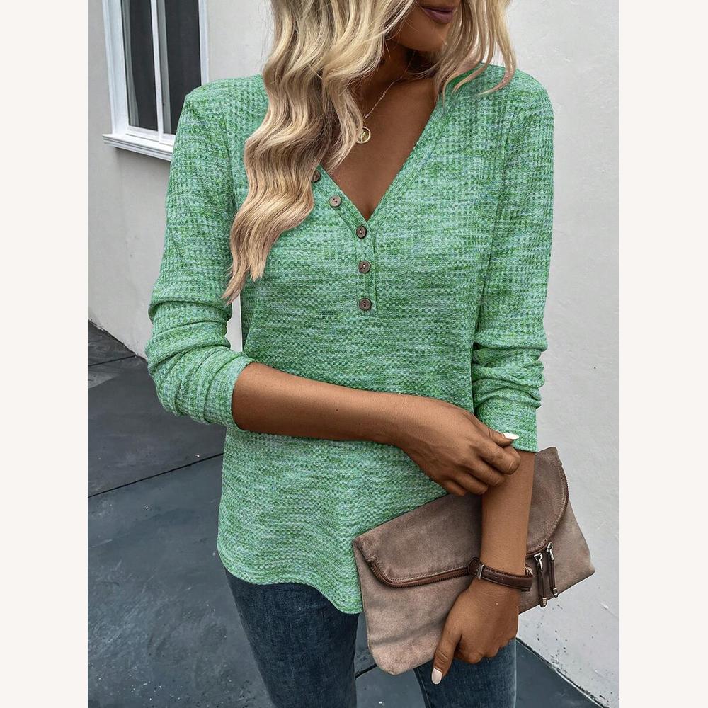 Top Femme Henley Côtelé à Manches Longues – Tissu Doux et Col en V, Blanc