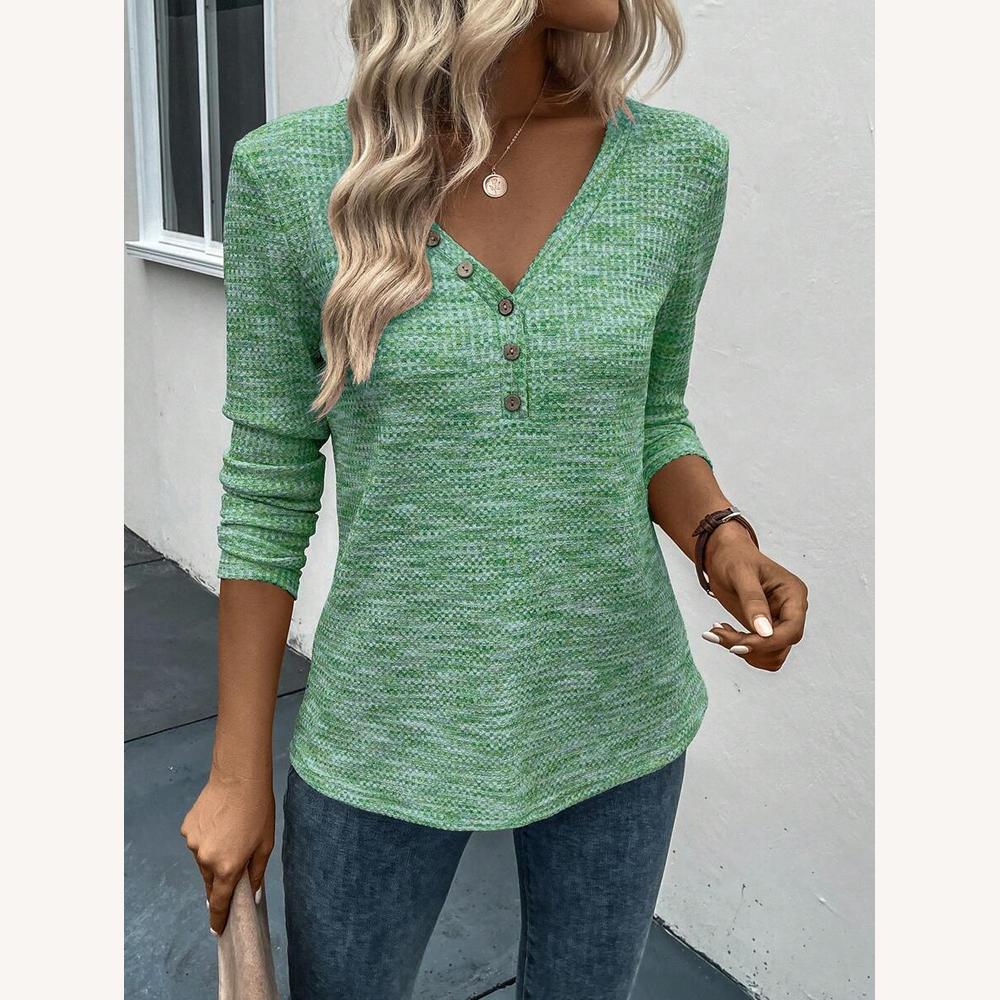 Top Femme Henley Côtelé à Manches Longues – Tissu Doux et Col en V, Blanc