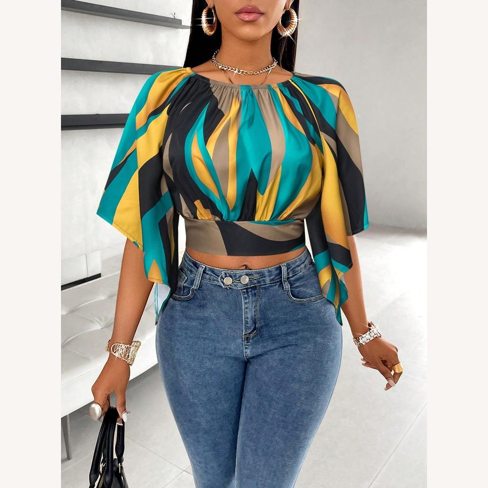 Variant image for Top Femme Court à Imprimé Abstrait Vert – Manches Amples en Tissu Fluide et Confortable-11