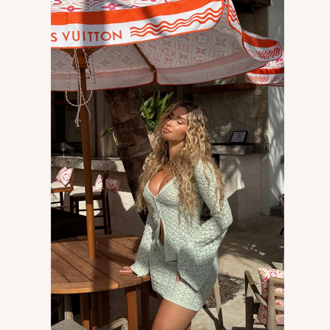 Women's Boho Chic Crochet Set - V-Neck Cardigan and Matching Mini Skirt in Breathable Cotton