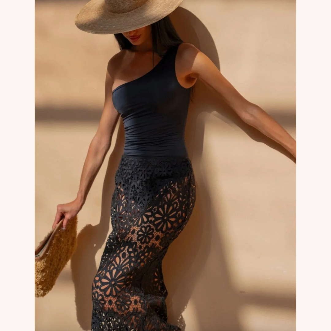 Ensemble en Dentelle Crochet Blanc Femme – Top Court à Manches Longues et Jupe Maxi Boho Chic
