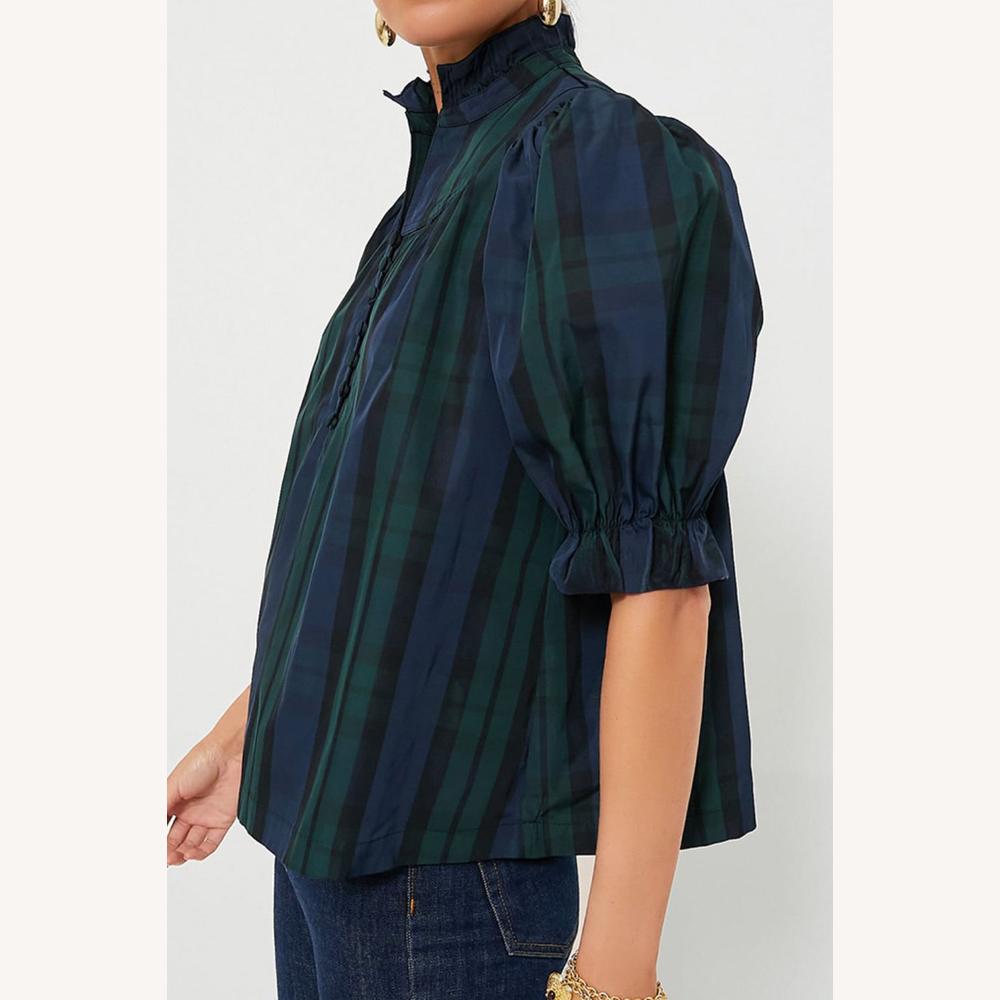Blouse Femme Élégante à Volants Vert Foncé, Manches Bouffantes, Col Montant, Coupe Ajustée