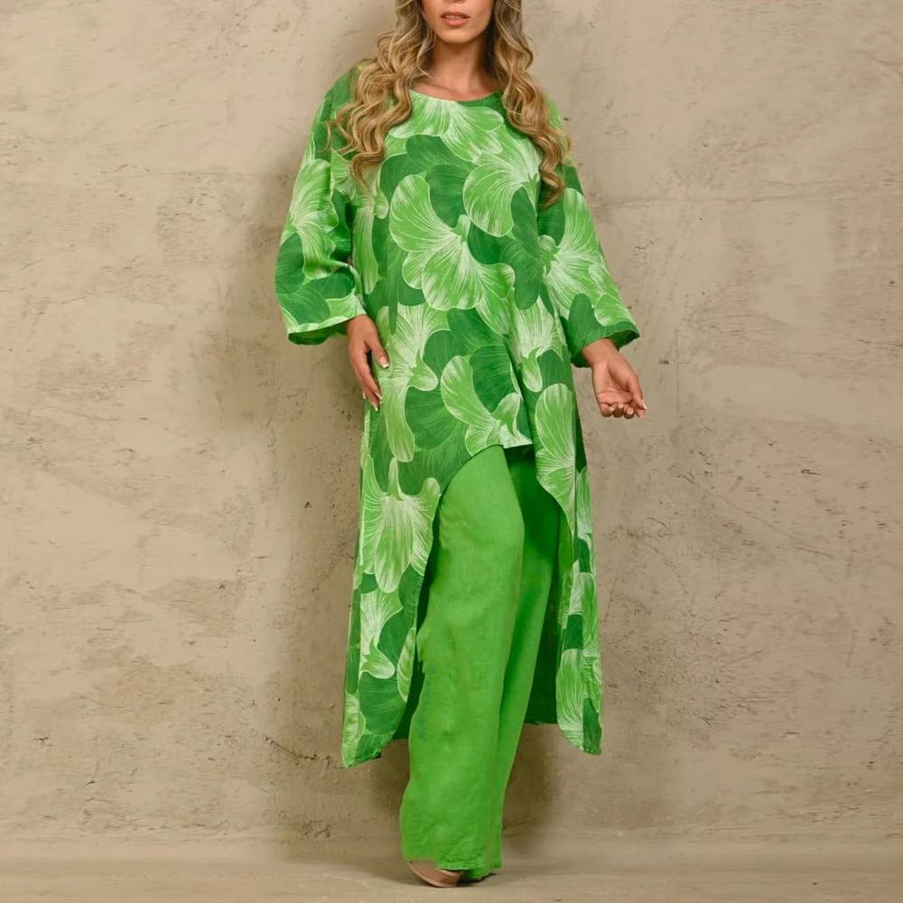 Ensemble Femme en Lin Léger avec Tunique Asymétrique et Pantalon Large – Style Décontracté et Élégant