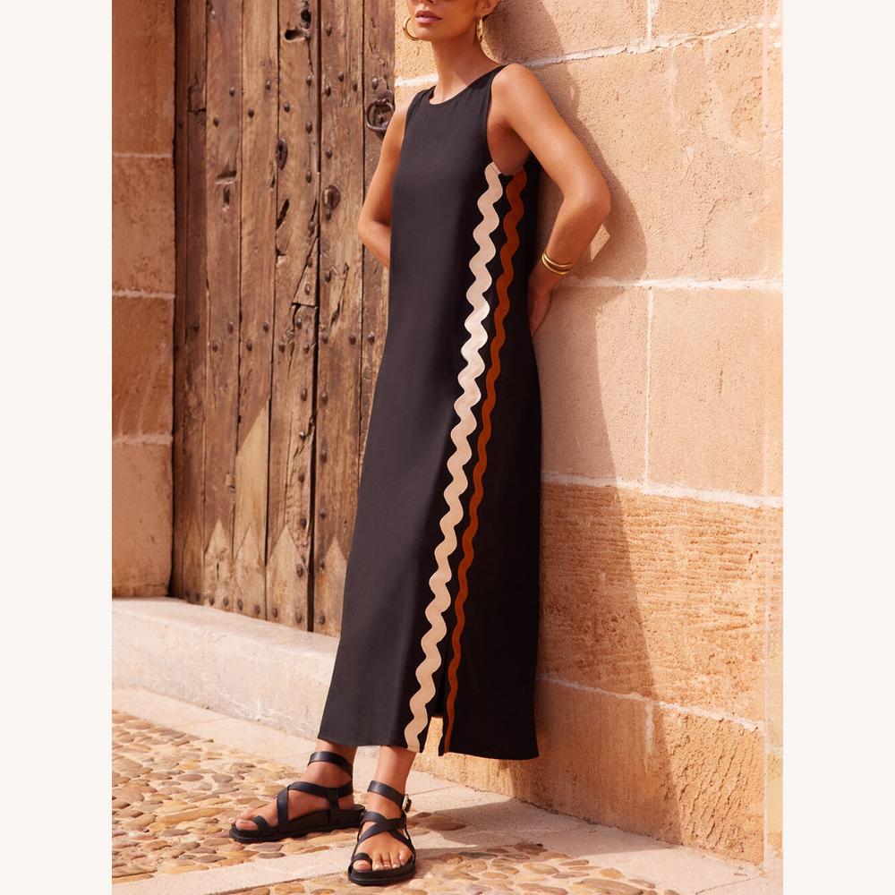 Robe Longue Femme Rayée Sans Manches Ample avec Fente Latérale – Confortable et Élégante pour le Printemps et l'Été