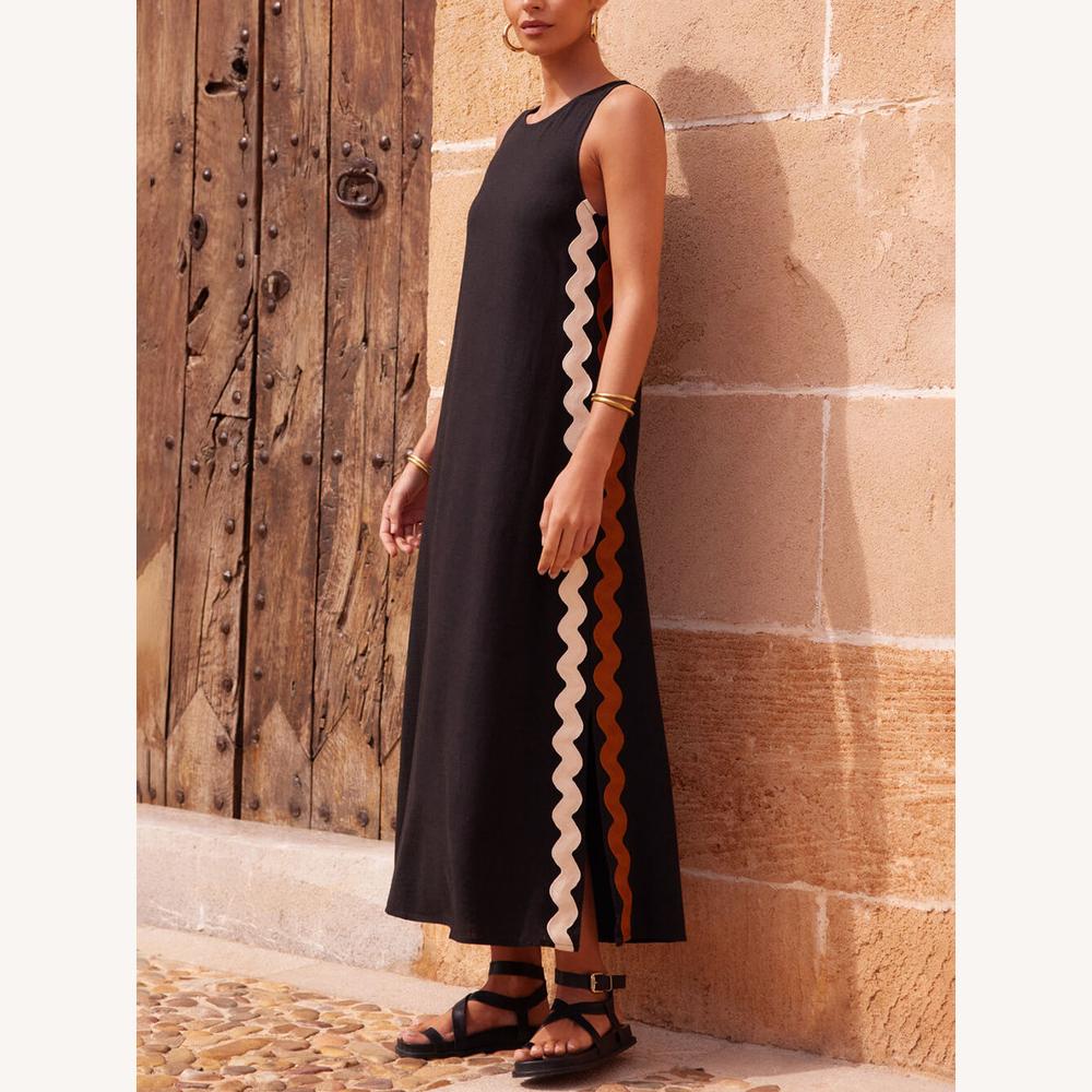 Robe Longue Femme Rayée Sans Manches Ample avec Fente Latérale – Confortable et Élégante pour le Printemps et l'Été