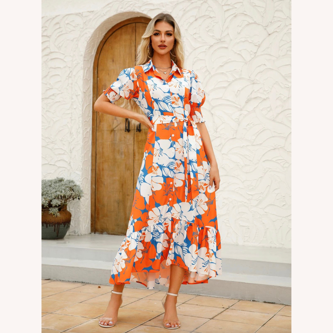 Robe Longue Femme Imprimée Florale Boutonnée avec Ceinture – Élégance d'Été en Polyester