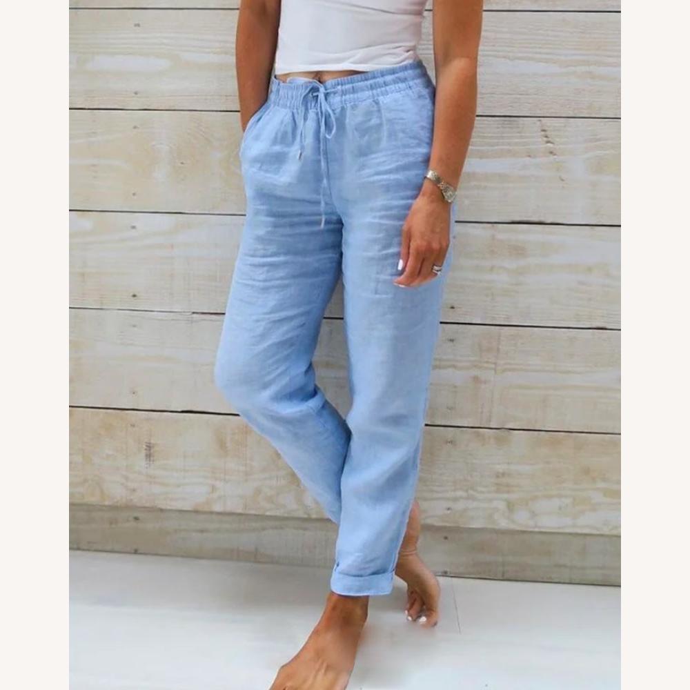 Pantalon Femme Droit Décontracté en Tissu Confortable – Disponible en Bleu, Kaki, Gris, Blanc et Vert