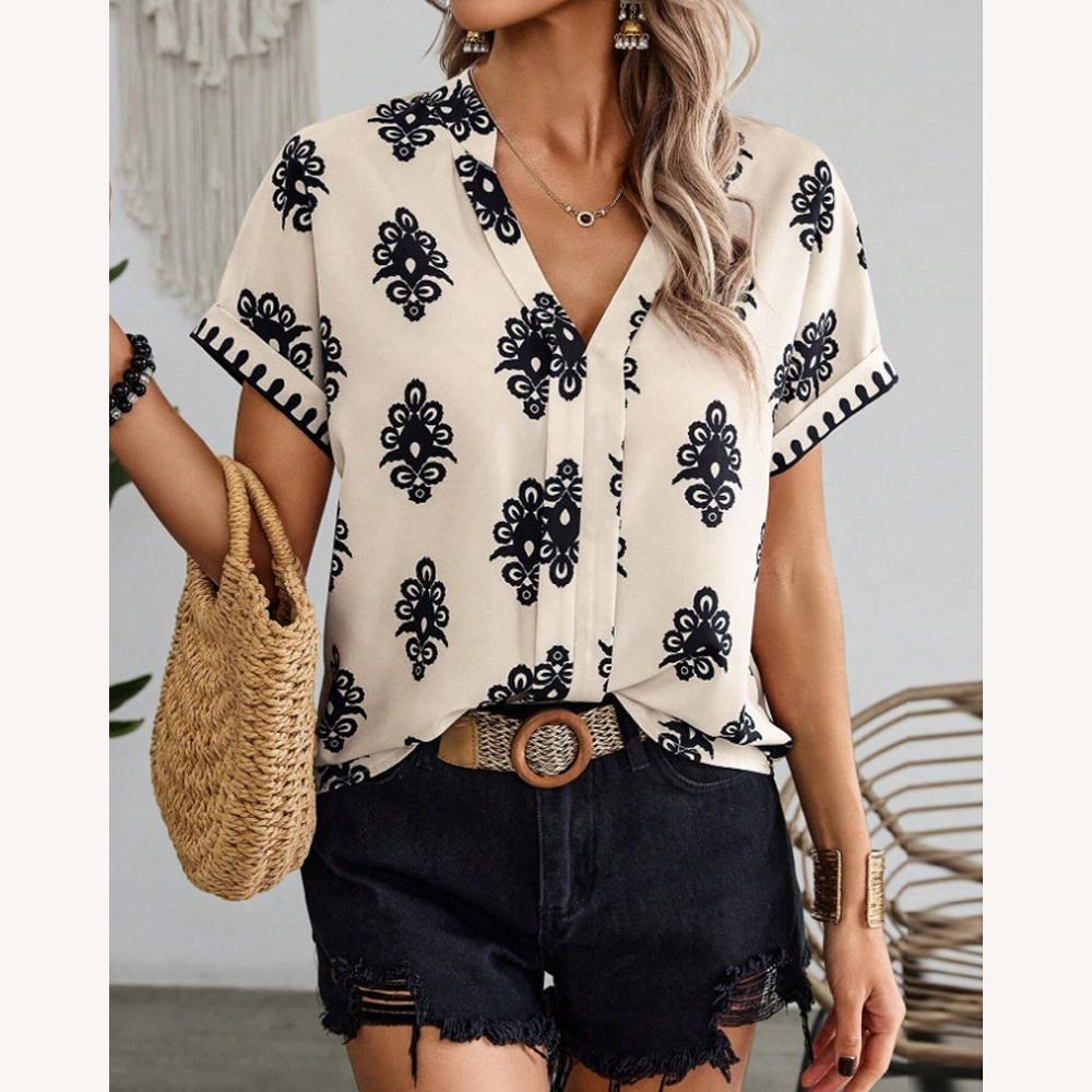 Blouse Femme Imprimée Bohème en Polyester Léger avec Col en V et Manches Courtes - Beige et Noir