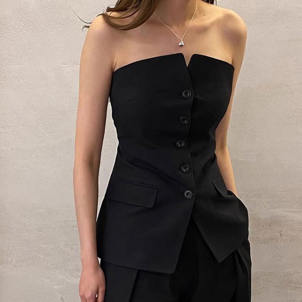 Ensemble Tailleur Femme Chic avec Blazer Sans Bretelles et Pantalon Large Assorti – Élégant et Moderne