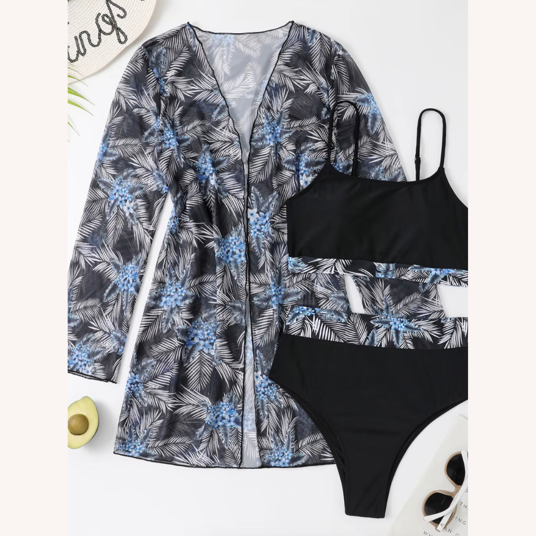 Maillot de Bain Femme Trois Pièces Taille Haute avec Chemisier à Manches Longues – Style Boho Chic Floral