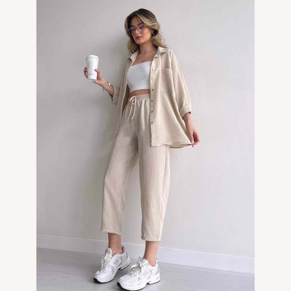 Ensemble Femme Décontracté Deux Pièces en Coton-Lin – Chemise Oversize et Pantalon Court Élastique