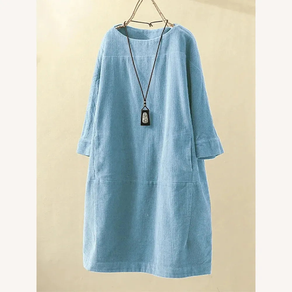Robe Femme A-Line en Velours Côtelé – Chic et Confortable, Encolure en O, Longueur au-dessus du Genou, Disponible en Plusieurs Couleurs