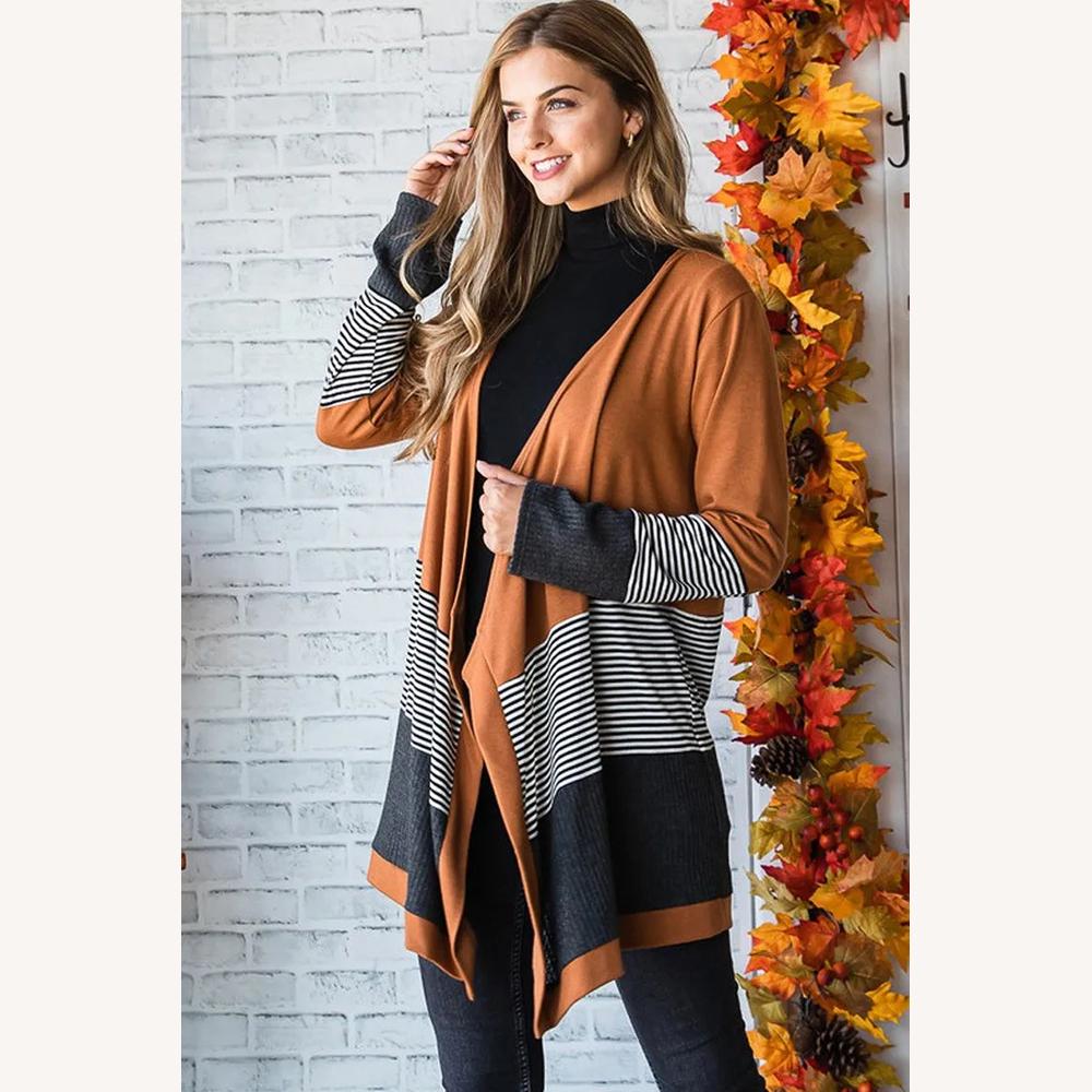 Cardigan Femme Colorblock à Rayures – Ouverture Fluide, Mi-Cuisse, Confortable et Décontracté, Orange et Noir