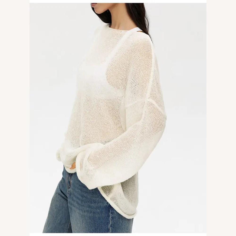 Pull Femme Léger en Maille Transparente – Élégance Décontractée, Idéal pour Superpositions, Disponible en Blanc et Rose