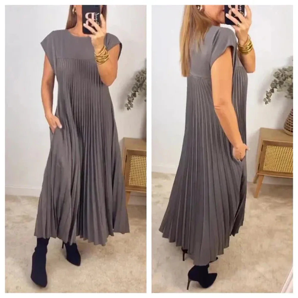 Robe Longue Femme Plissée Élégante en Couleur Unie – Confortable et Polyvalente pour Toutes les Occasions