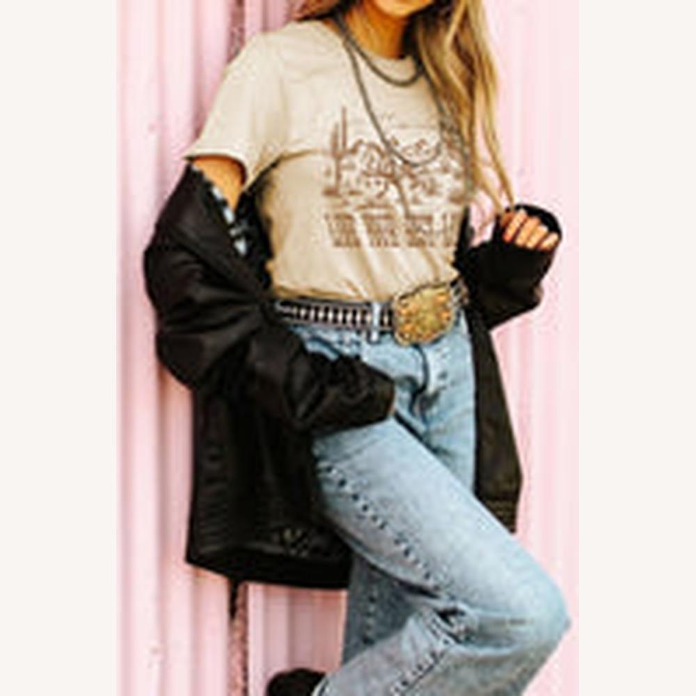 Tee Shirt Femme Beige Graphique Live Your Best Life – Style Western Décontracté en Coton, Col Rond, Tailles S à XL