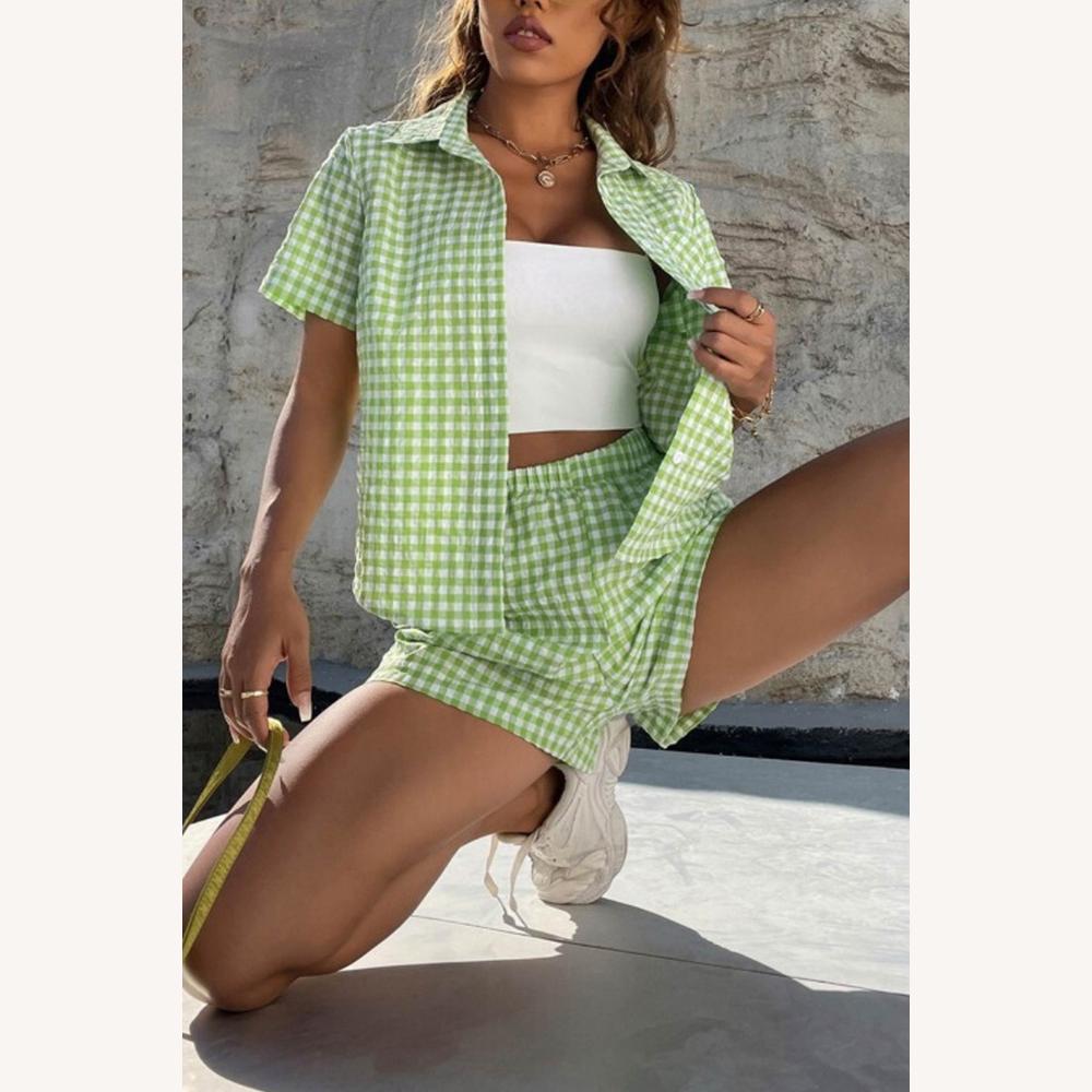 Ensemble Femme Vichy Deux Pièces – Chemise Ample et Short Élastique en Coton Léger pour l'Été