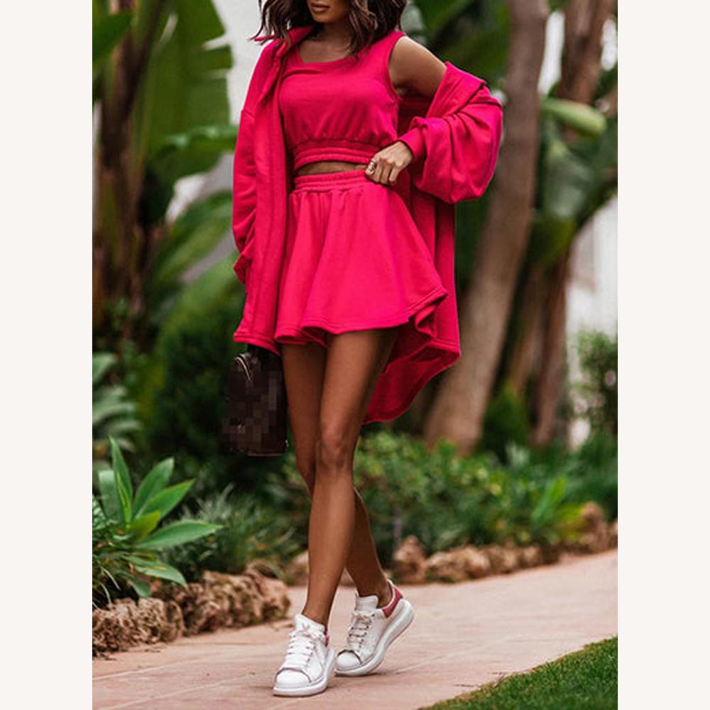 Ensemble Femme Décontracté 3 Pièces – Crop Top, Jupe Taille Haute et Surchemise Oversize en Coton-Polyester, Confort et Style