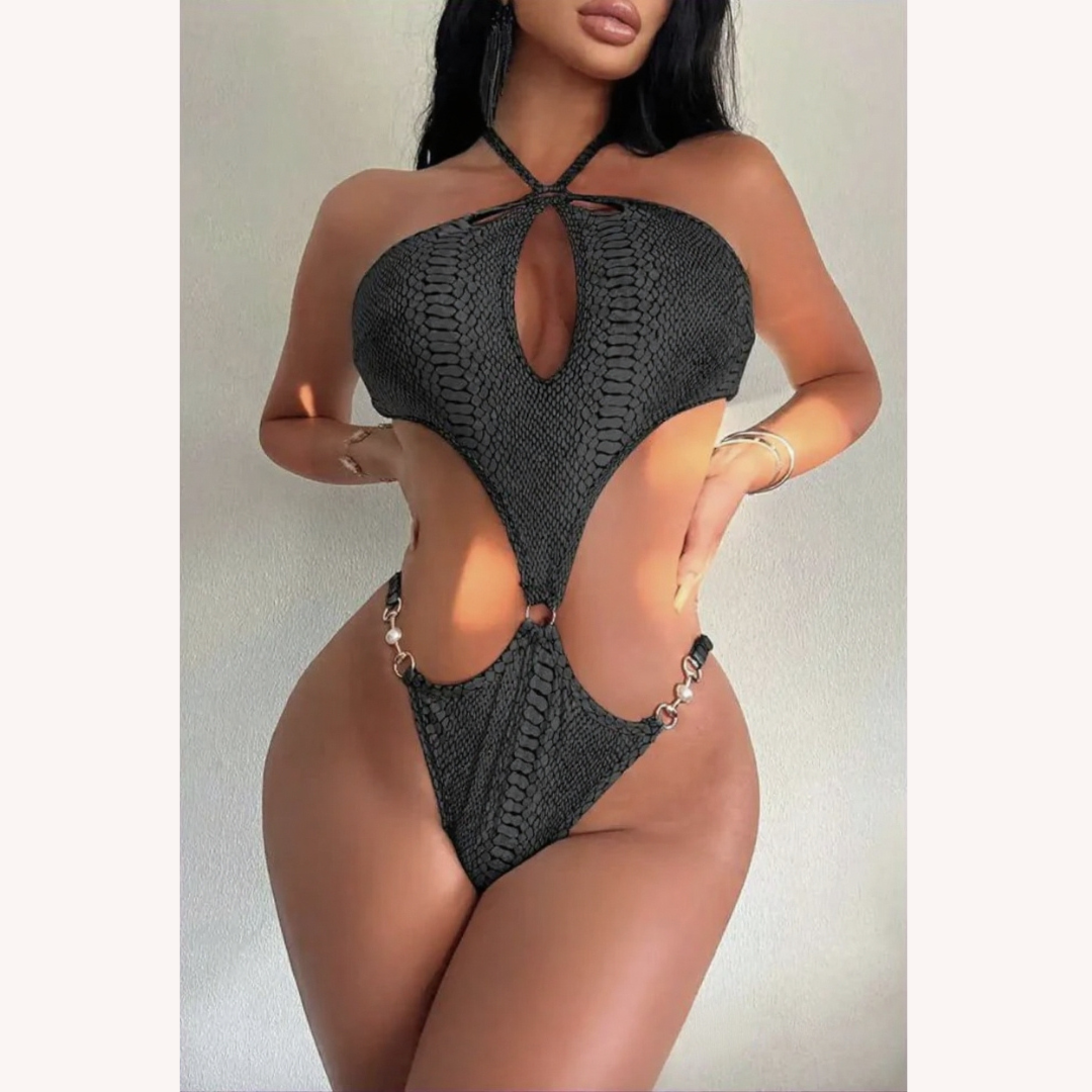 Women's Cut-Out Swimsuit with Beaded Details – Boho Glam Style, Halter Neck and Sensual Cut-Outs