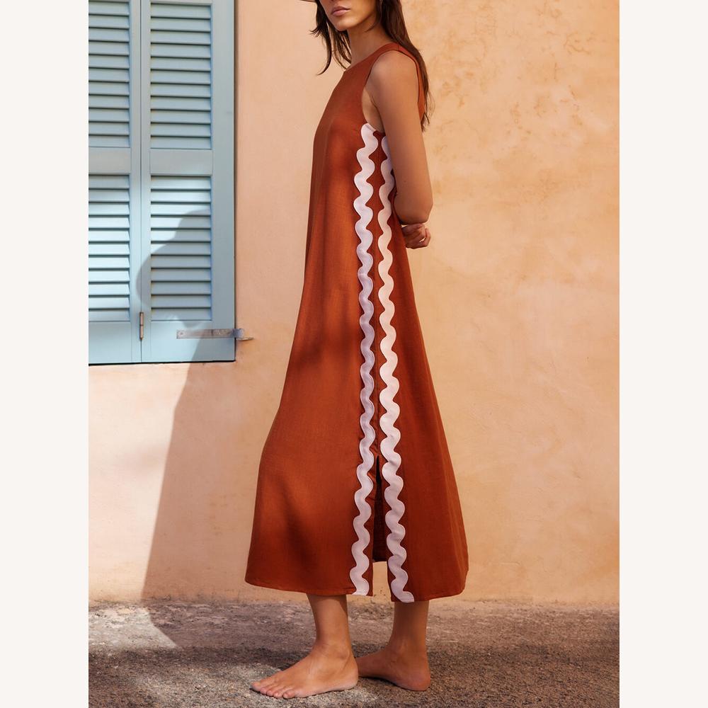 Robe Longue Femme Rayée Sans Manches Ample avec Fente Latérale – Confortable et Élégante pour le Printemps et l'Été