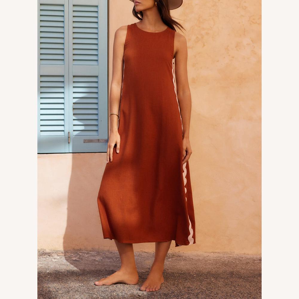 Variant image for Robe Longue Femme Rayée Sans Manches Ample avec Fente Latérale – Confortable et Élégante pour le Printemps et l'Été-4