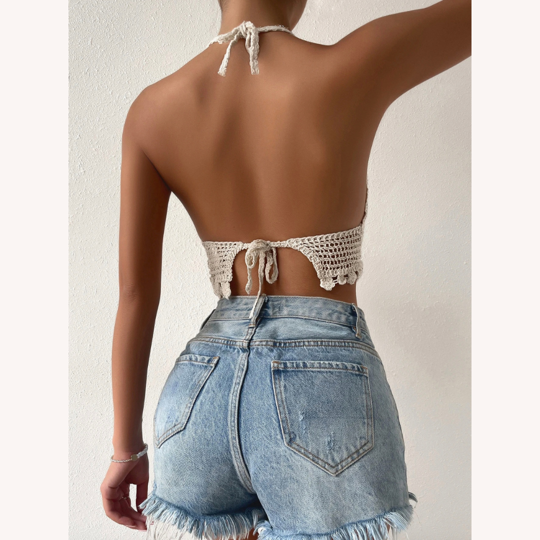 Haut d'Été Boho Chic en Crochet pour Femme à Dos Nu – Top Léger avec Sangles et Support Amovible, Idéal pour les Journées Ensoleillées