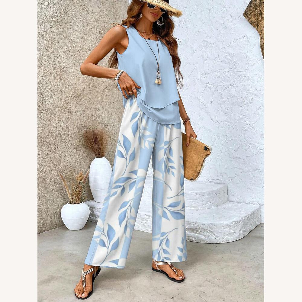 Ensemble Deux Pièces Femme Élégant en Tissu Léger – Top Sans Manches et Pantalon Large pour Été