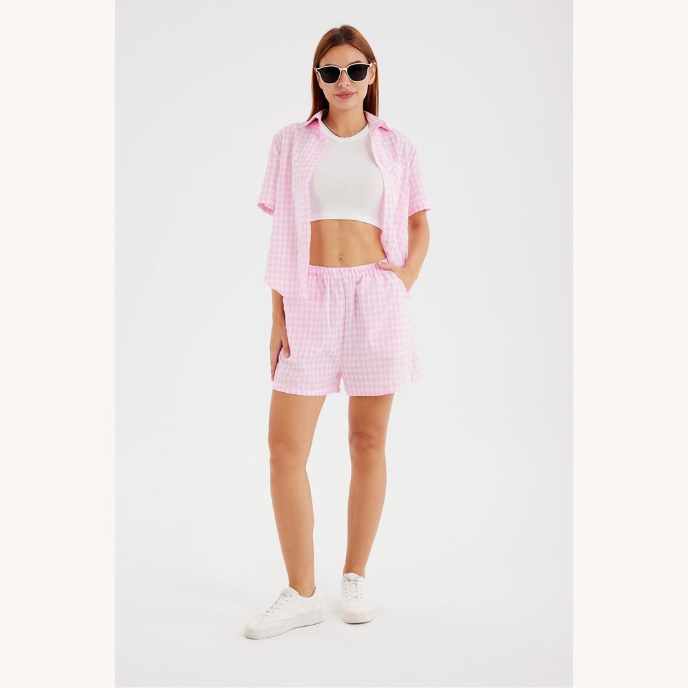 Ensemble Femme Vichy Deux Pièces – Chemise Ample et Short Élastique en Coton Léger pour l'Été