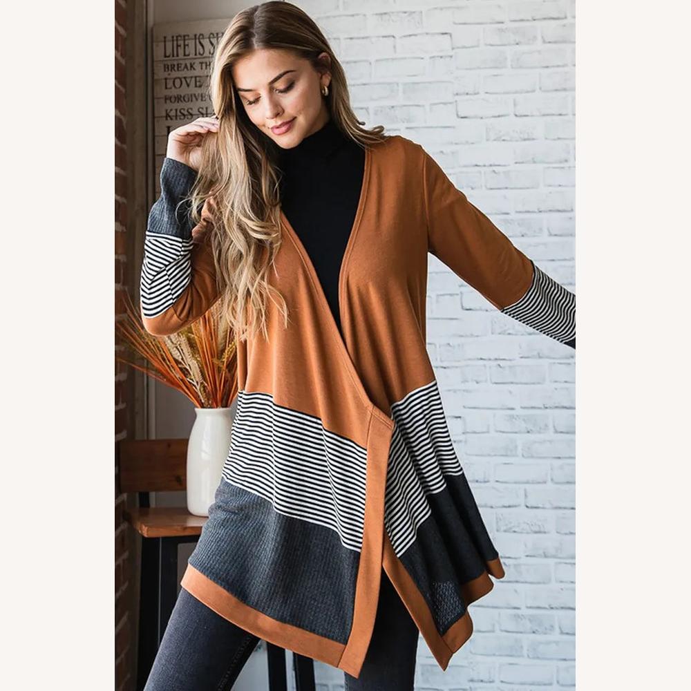 Cardigan Femme Colorblock à Rayures – Ouverture Fluide, Mi-Cuisse, Confortable et Décontracté, Orange et Noir