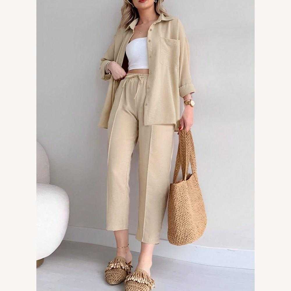 Ensemble Femme Décontracté Deux Pièces en Coton-Lin – Chemise Oversize et Pantalon Court Élastique