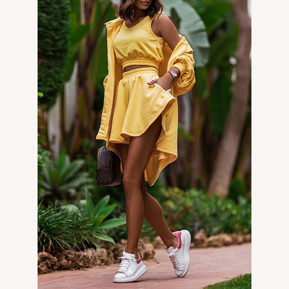 Ensemble Femme Décontracté 3 Pièces – Crop Top, Jupe Taille Haute et Surchemise Oversize en Coton-Polyester, Confort et Style