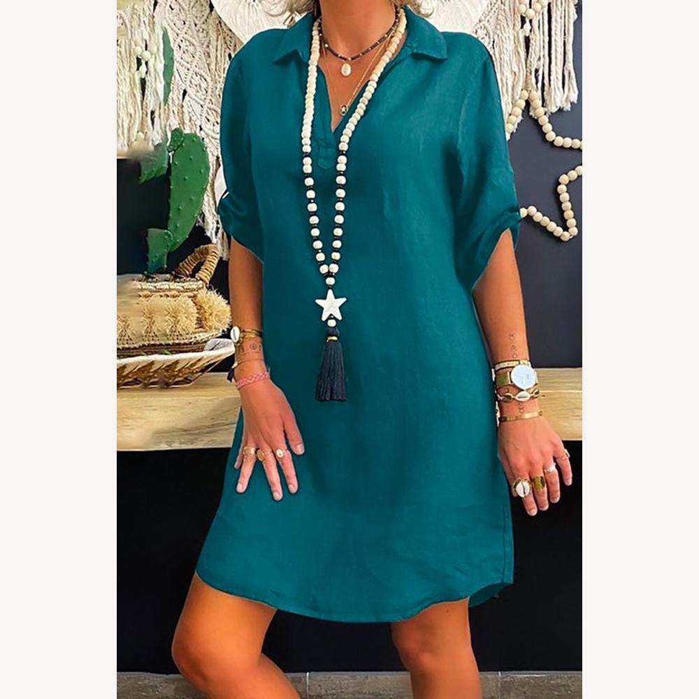 Robe Chemise Femme Longue à Manches Roulées en Coton – Élégante et Polyvalente pour Toutes Occasions