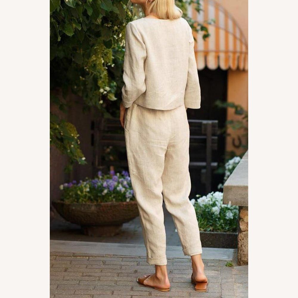 Ensemble Tailleur Femme en Lin Léger - Haut à Manches Longues et Pantalon Taille Haute Chic et Décontracté